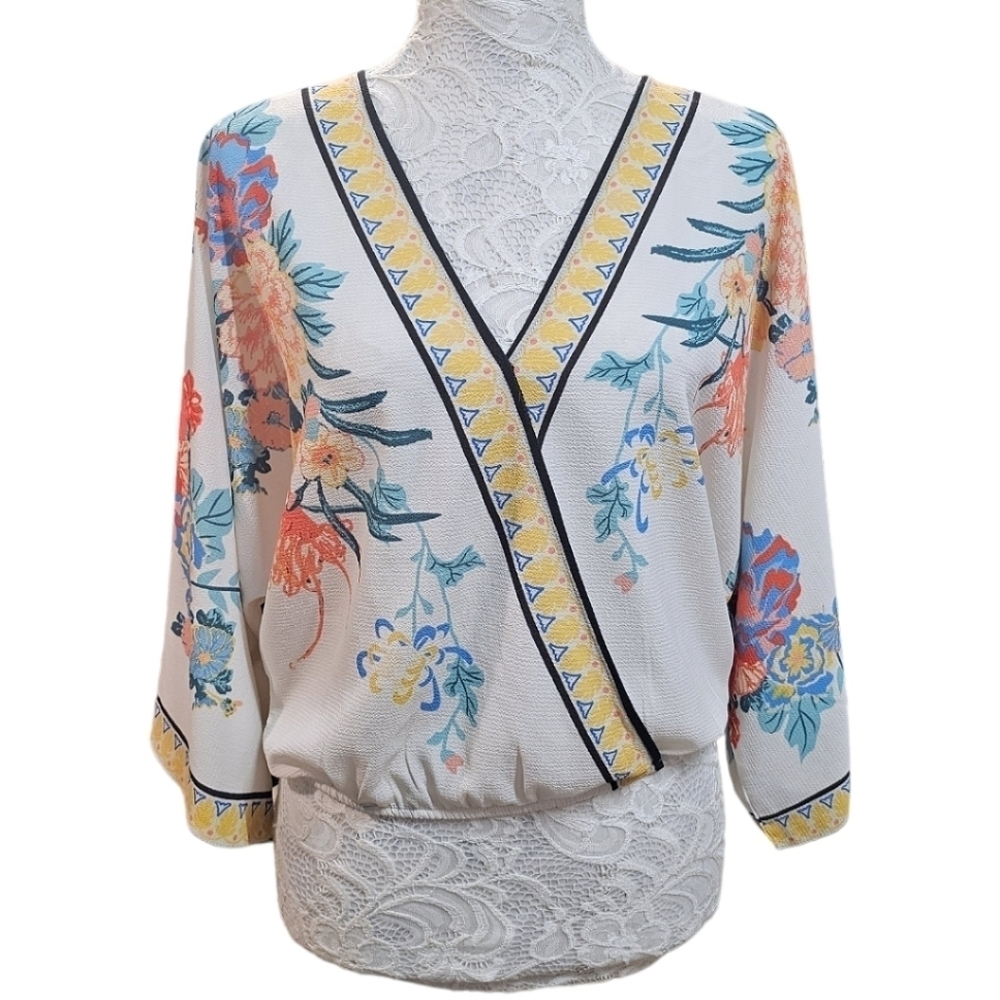 Flying Tomato Floral Kimono Sleeve V-Neck Bohemian Top Size Small Hippie 70s